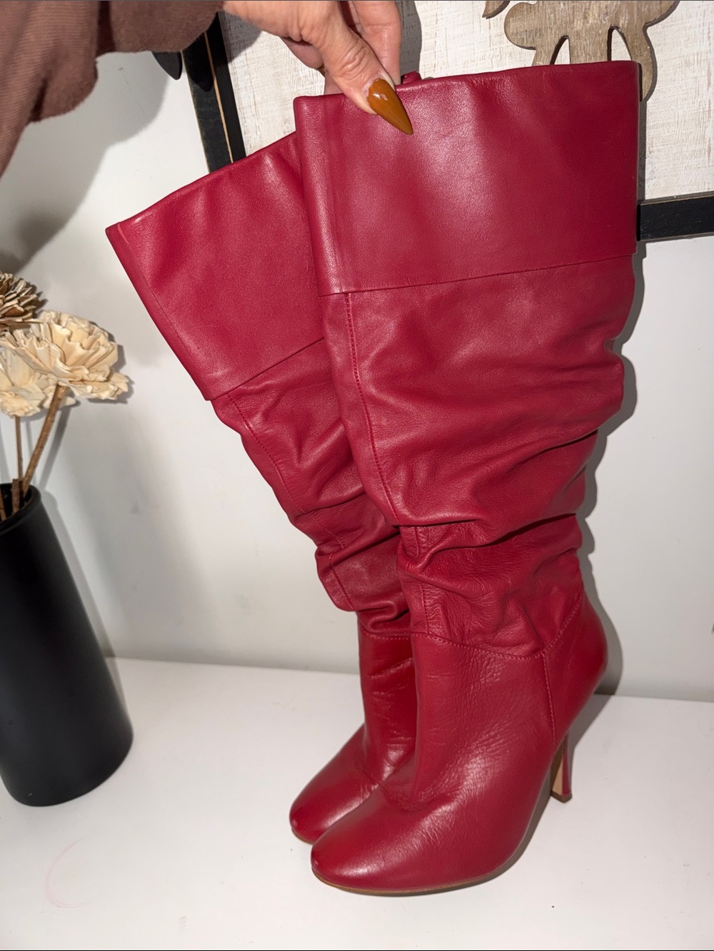 Colin Stuart Red Slouchy Knee High Heeled Boots
